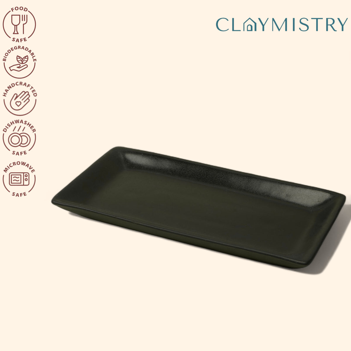 Claymistry Ceramic Dinner & Snacks Black Rectangle Tray, Set of 1 | Glossy Finish | Dishwasher, Oven & Microwave Safe | Dinnerware Serving Plate Thali | Premium Kitchen Crockery