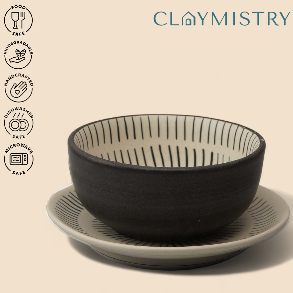 Claymistry Ceramic Hand-painted Black & White Soup Bowl & Serving Plate | Set of 2 | Plate 18cm * 18cm * 2cm | Bowl 15cm * 15cm * 7cm | Matte | Dishwasher & Microwave Safe | Kitchen Crockery