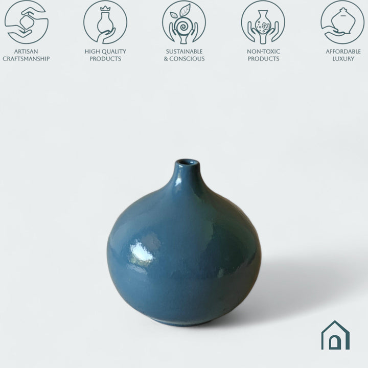 Display image of grey ceramic vase with a round bulbous shape and narrow neck.