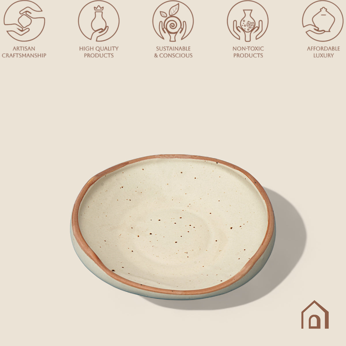 Claymistry Ceramic Dinner Ivory with Brown dots & Border Serving Pasta Plate | 22cm * 22cm * 5cm | Matte | Dishwasher & Microwave Safe | Dinnerware Ramen, Khichadi, Halwa | Premium Kitchen Crockery