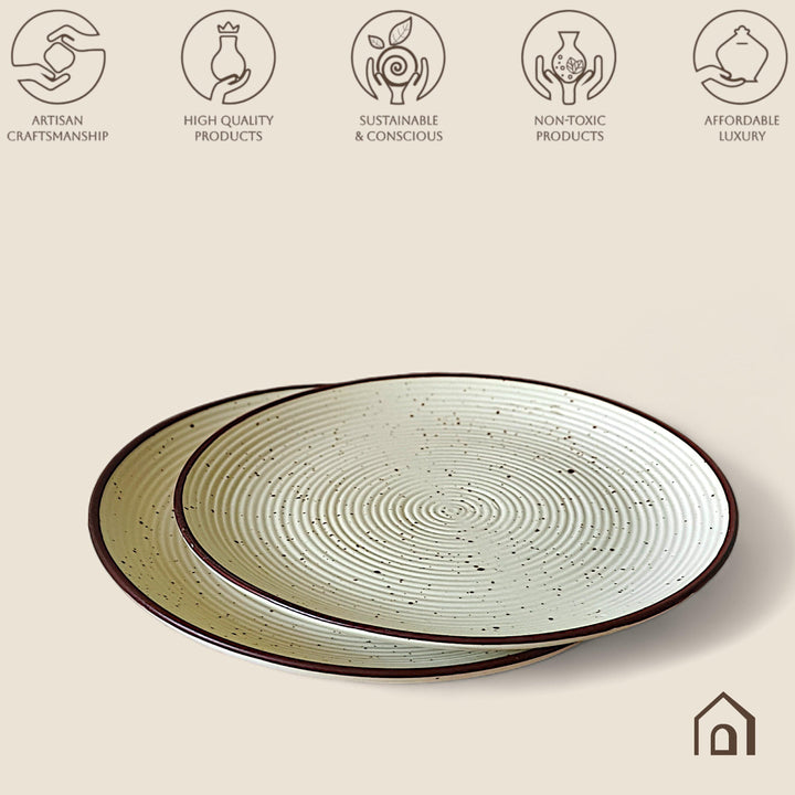 Display image of Whispering Sands: Ivory & Caramel Dusk Dinner Plate – Elegant ceramic dinner plate in ivory and caramel hues, featuring a non-slip base, microwave and dishwasher safe, crafted from lead-free and cadmium-free materials for safe, stylish dining