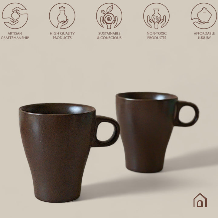 Display image of brown ceramic coffee mug with a glossy finish and ergonomic handle.