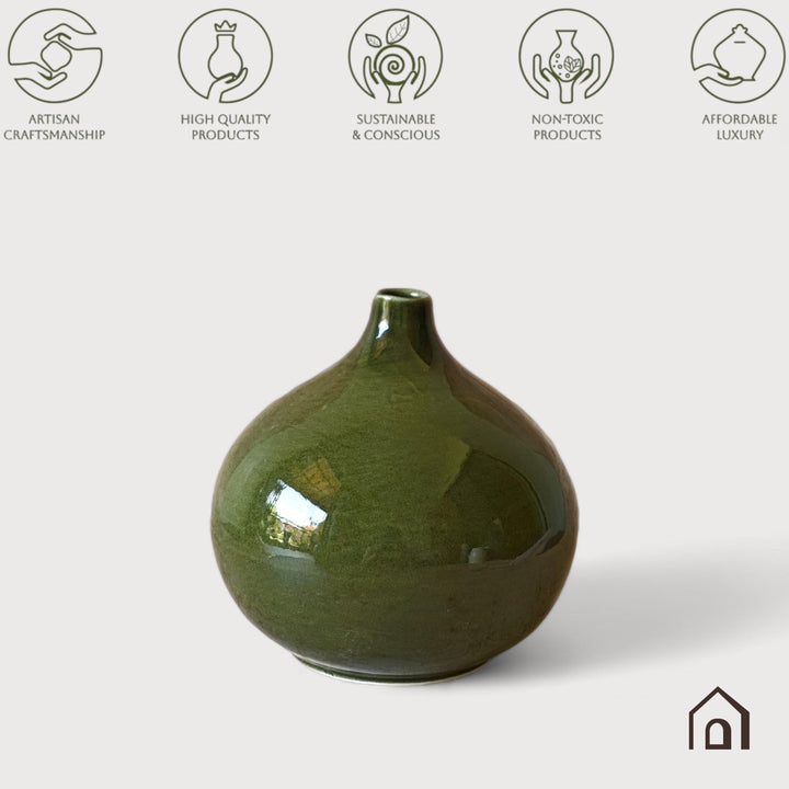 Display image of olive green ceramic vase with a round bulbous shape and narrow neck.