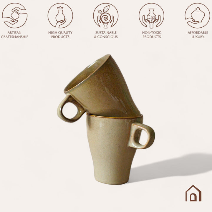 Display image of light brown ceramic coffee mug with a glossy finish and ergonomic handle.