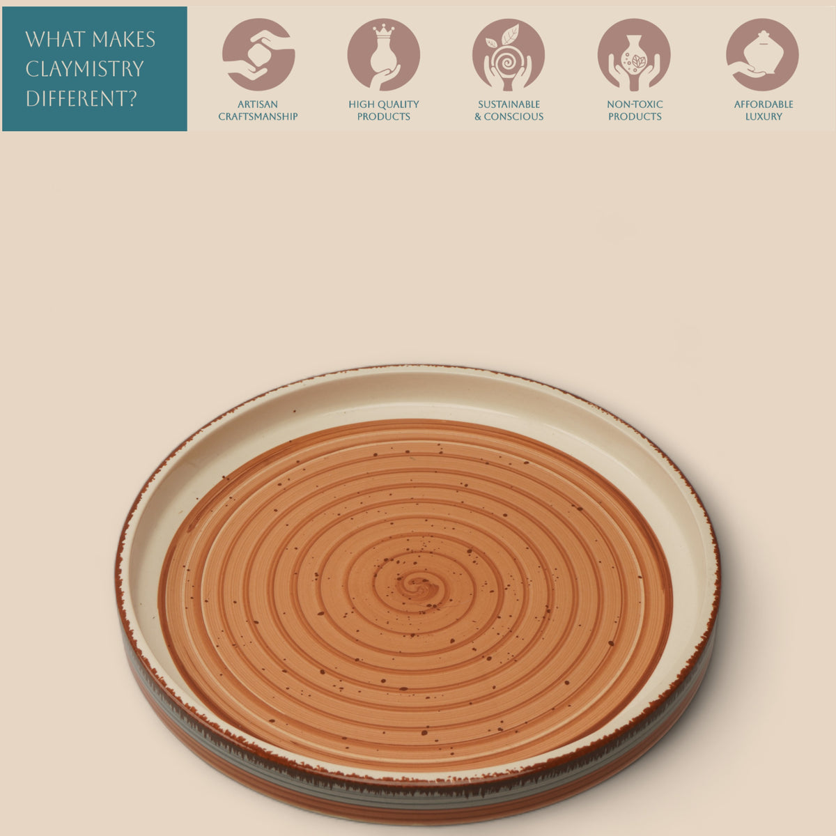Claymistry Ceramic Dinner & Snacks Orange & White with Swirl Print Round Tray, Set of 1 | 30cm * 30cm * 3cm | Glossy | Dishwasher & Microwave Safe | Dinnerware Serving Platter Thali | Premium Crockery