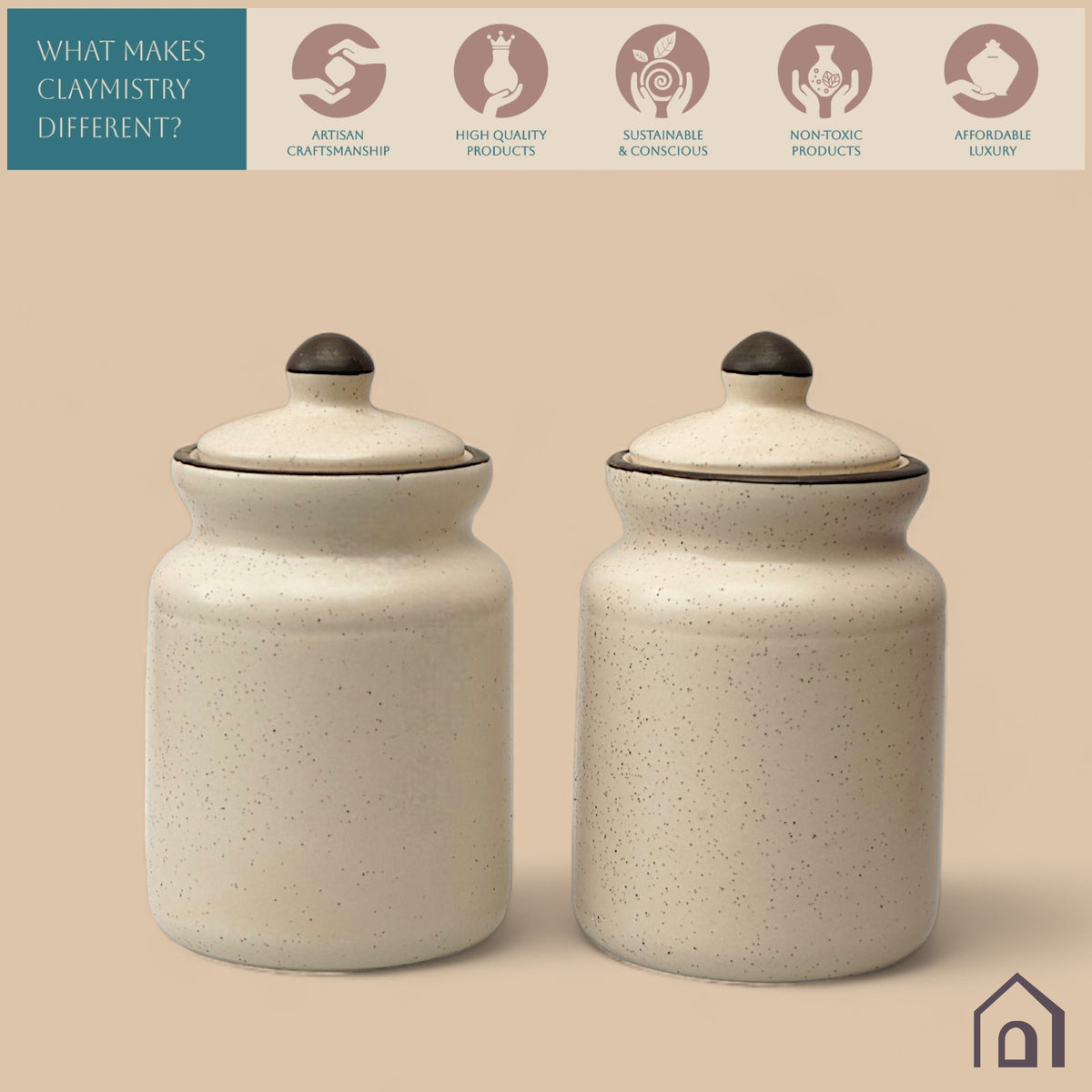 Claymistry Multi Utility Ceramic White with Brown Edges Storage Box with Lid | 9cm * 9cm * 16cm | Matte Finish | Spices, Ghee, Sugar, Food Storage Container | Dishwasher Safe | Tea Coffee Kettle Jar