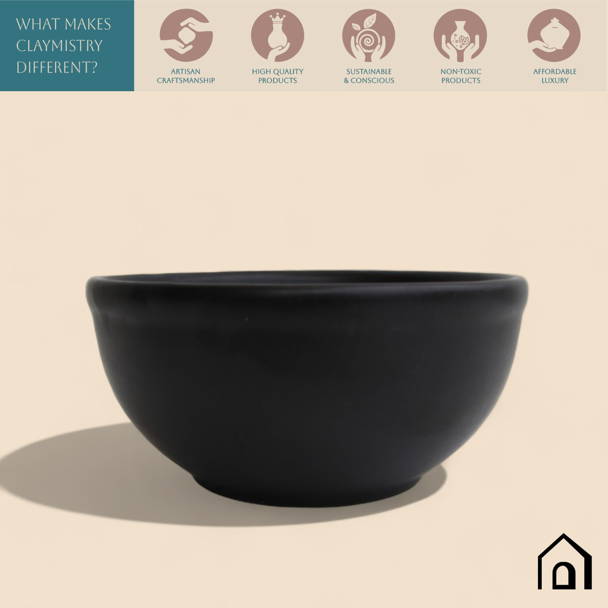 Claymistry Ceramic Black Serving Bowl | Set of 2 | 11cm * 11cm * 5cm | Matte Finish | Dishwasher & Microwave Safe | Salad, Cereal, Maggie, Fruit, Soup, Dessert, Mixing Bowl | Premium Kitchen Crockery