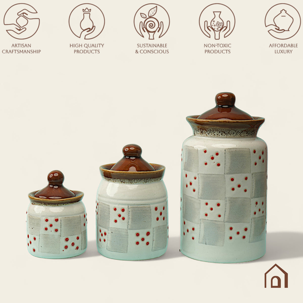 Claymistry Ceramic Storage Jars Combo | Set of 3 | Light grey with red dot dice design | Home Decor | Ceramic Combo | Jars | Small: 7*7*11 cms | Medium: 9*9*14 cms | Big: 11*11*21 cms | Glossy