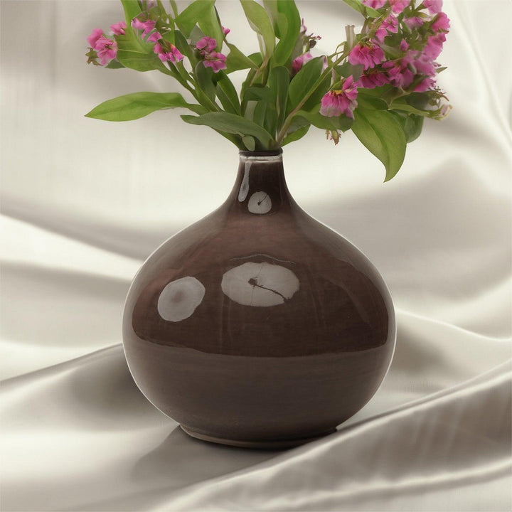 Display image of brown ceramic vase with a round bulbous shape and narrow neck.