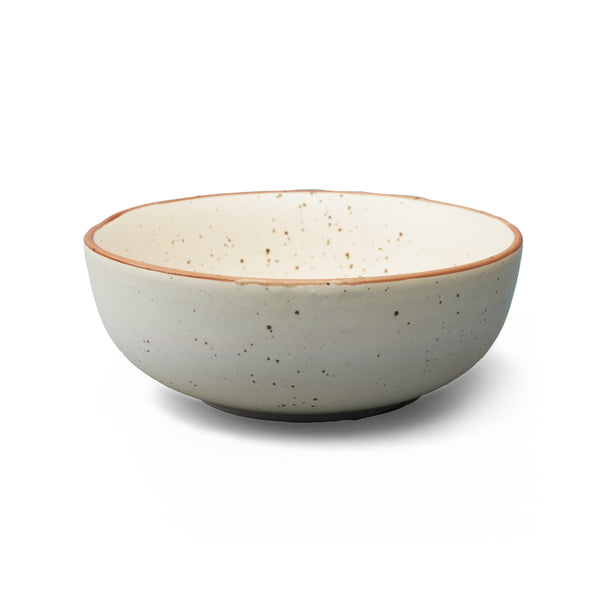 Display image of Handcrafted speckled ceramic bowl with a natural matte finish and brown rim