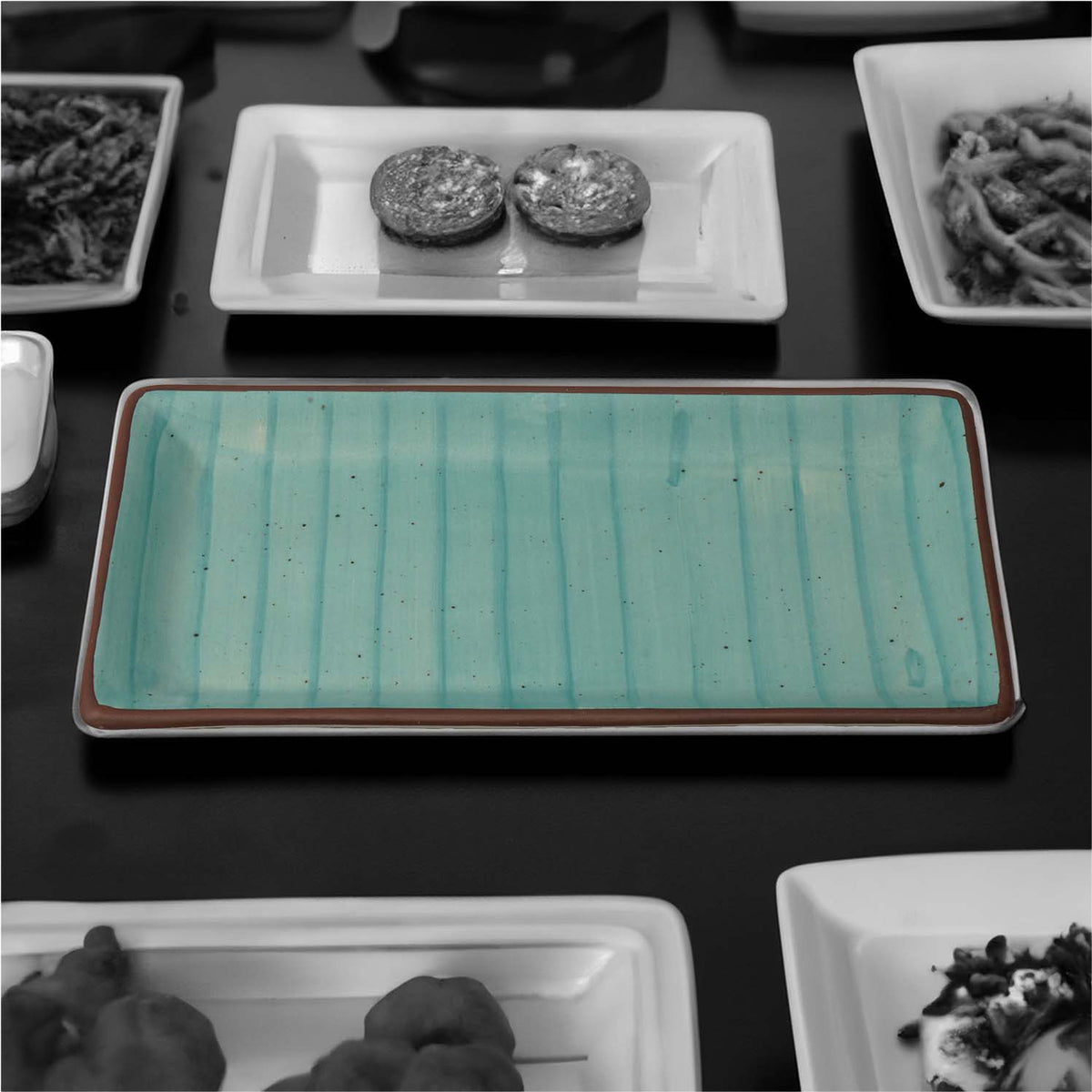 Claymistry Ceramic Dinner & Snack Blue with Brown Edge Rectangle Serving Tray | 31cm * 16cm * 3cm | Glossy | Dishwasher & Microwave Safe | Water, Juice, Tea, Coffee Tray | Premium Kitchen Crockery