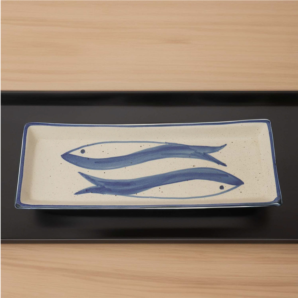 Claymistry Ceramic Dinner & Snacks White with Blue Fish Rectangle Serving Plate | 30cm * 11cm * 3cm | Matte | Dishwasher & Microwave Safe | Paneer Tikka, Kebab, Fish Platter | Premium Kitchen Crockery