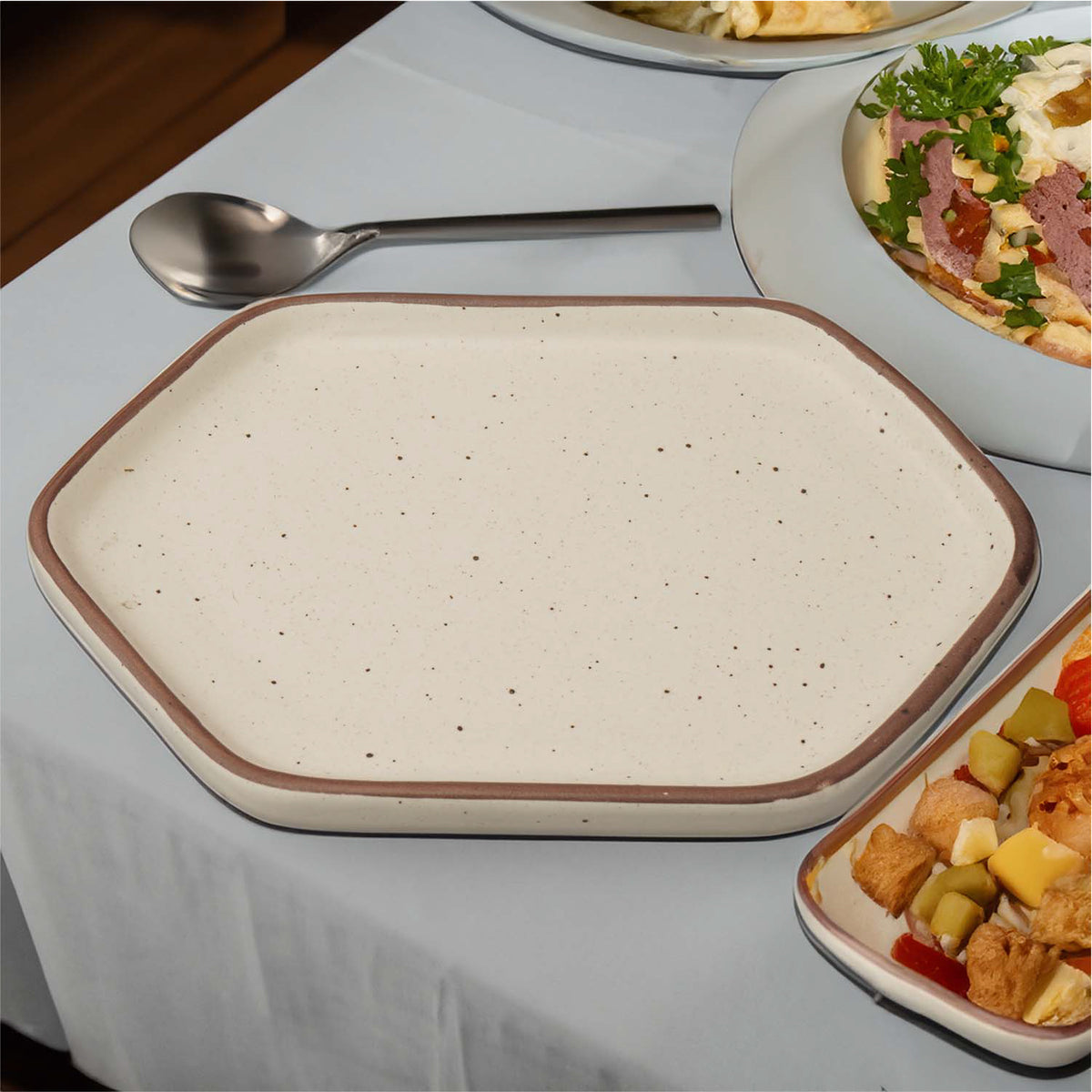Claymistry Ceramic Dinner & Snacks Hexagon Serving Tray | 27cm * 17cm * 4cm | Matte | Dishwasher & Microwave Safe | Idli, Momos, Sweets, Juice Water Tray | Premium Crockery