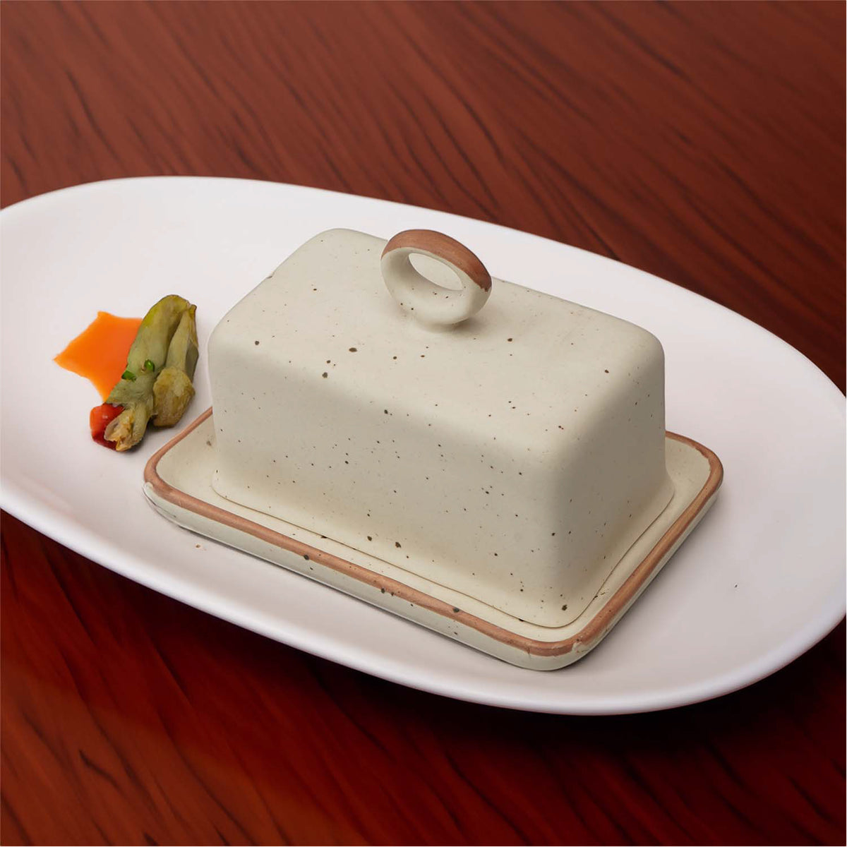 Claymistry Ceramic Dinner & Snacks Ivory with Brown Borders Serving Tray | 20cm * 13cm * 14cm | Matte | Dishwasher, Oven & Microwave Safe | Butter, Cheese, Fish, Dish Tray | Premium Kitchen Crockery