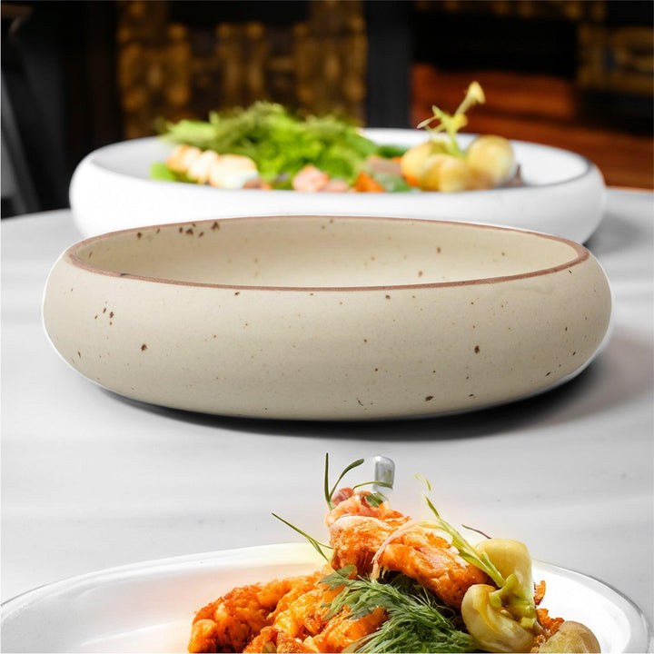 Display image of Whispering Sands: The Roundabout Feeder Bowl – Speckled ceramic feeder bowl, perfect for salads, side dishes, snacks, or desserts, featuring a durable design, microwave and dishwasher safe, non-slip base, lead-free, arsenic-free, and cadmium-free for safe and stylish dining