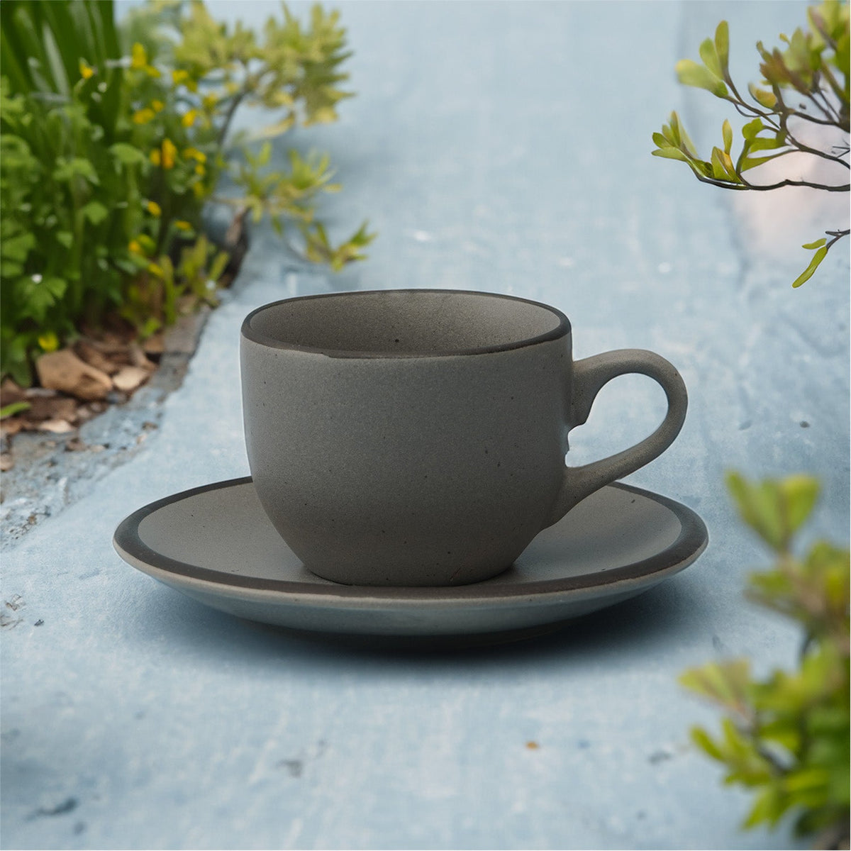 Claymistry Ceramic Saucer and Cup Combo | Grey with Black Rim Matte Cupset| Set of 6 | Coffee Mugs | Ceramic Combos | Tea Kettles