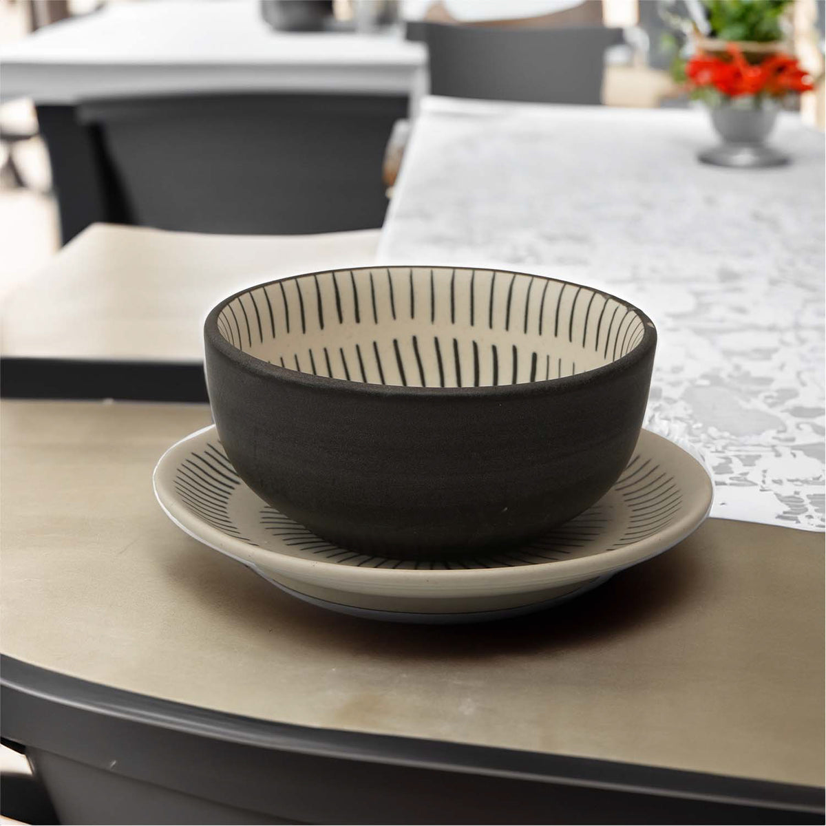 Claymistry Ceramic Hand-painted Black & White Soup Bowl & Serving Plate | Set of 2 | Plate 18cm * 18cm * 2cm | Bowl 15cm * 15cm * 7cm | Matte | Dishwasher & Microwave Safe | Kitchen Crockery