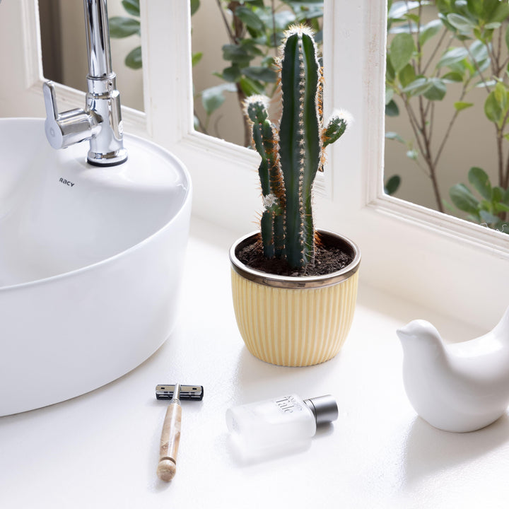 Display image of Handcrafted Top Trimmed ceramic planter with a ribbed texture in a warm yellow tone and a brown rim, designed for indoor use.