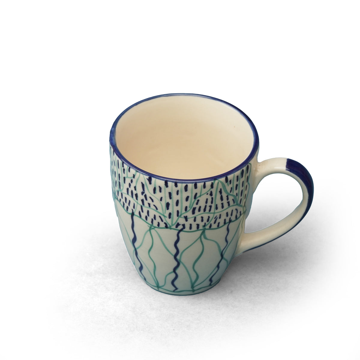 Claymistry Ceramic Mug Combo | Set of 2 | White with handpainted green and blue design | Coffee Mugs | Ceramic Combos | Tea Kettles | 13*9*10.5 cms | Glossy