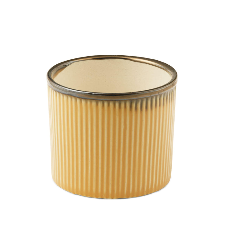 Display image of sunset yellow  ceramic planter with a ribbed texture and brown rim, featuring a matte finish.