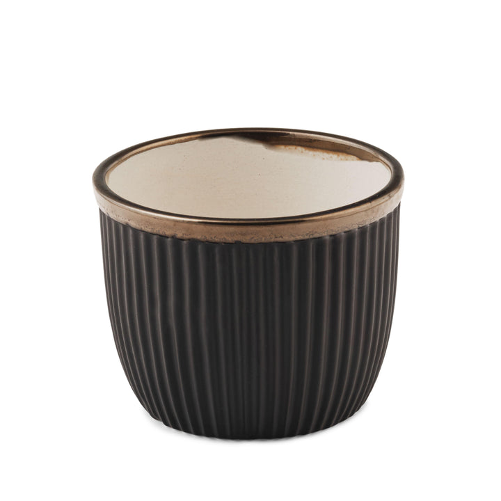 Display image of Handcrafted Top Trimmed ceramic planter with a ribbed texture in a black tone and a black rim, designed for indoor use.