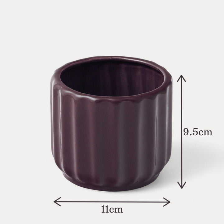 Display image of plum ceramic planter with a ribbed texture and glossy finish.